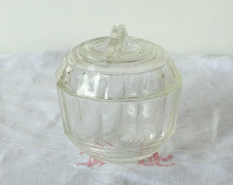 French vintage pressed glass sugar bowl with faceted decor, 1950s thick clear tempered glass candy box with lid, retro style coffee tea set