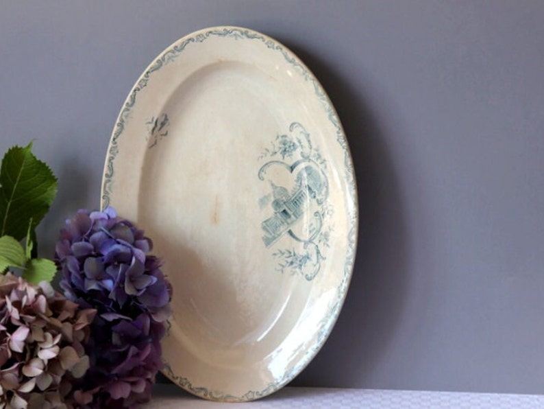 French Antique St Amand Oval Serving Dish, 1900s White Earthenware, Blue Decor, Vintage Dinnerware, Jeanne d'Arc Living, Unique Wedding Gift image 1