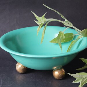 Vintage Turquoise Earthenware Footed Bowl wit Gilded feet, 1950s Czech Ceramic in Hollywood Regency Style image 4