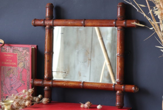 French Antique Faux Bamboo Mirror 1900s Turned Wooden Frame French Antique Faux Bamboo Mirror 1900s