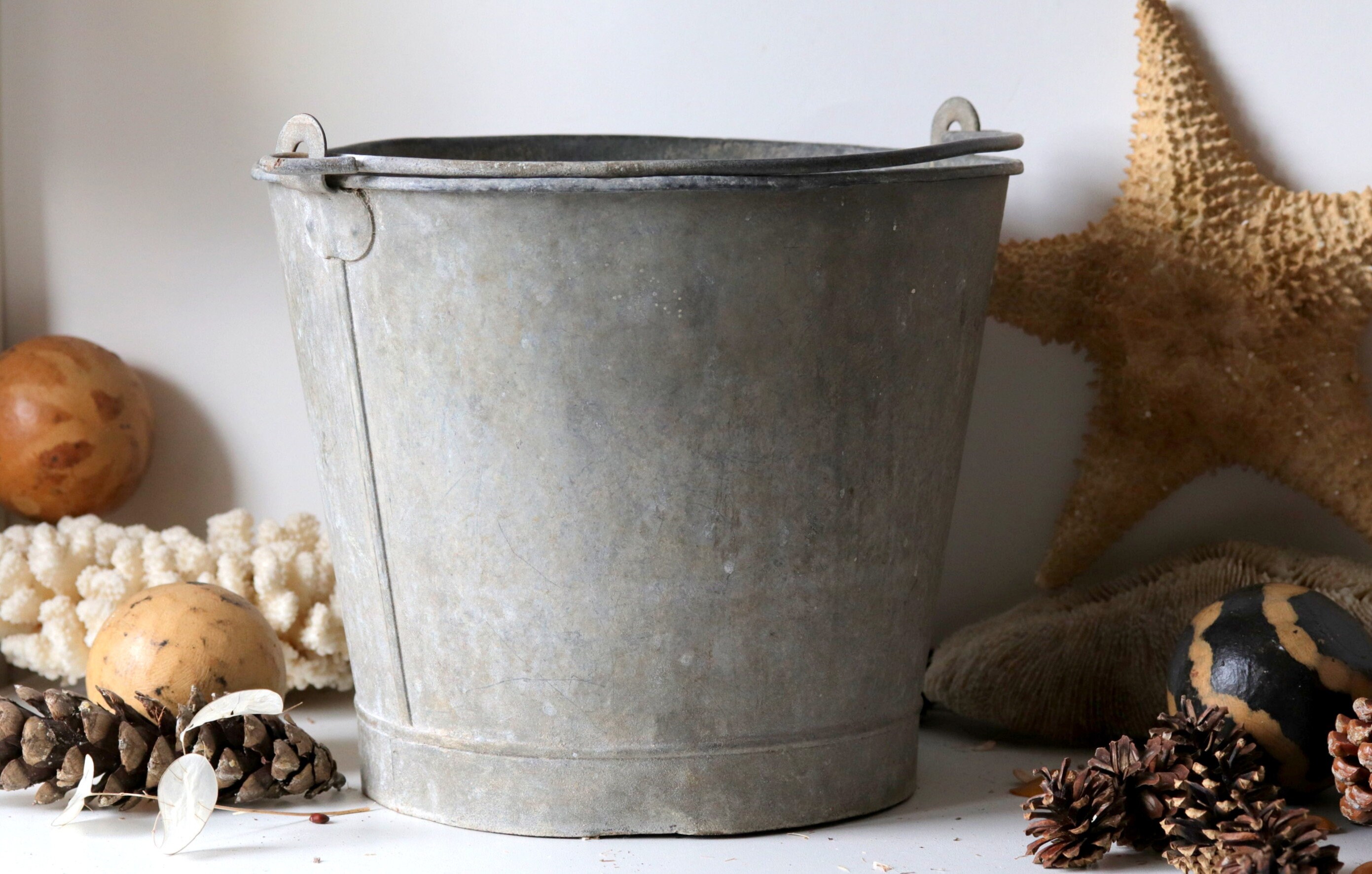 Vintage Galvanized Metal Bucket With Handle, 1930 Grain Pail, Zinc Garden Planter, Rustic Wine Coole