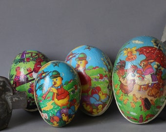 4 Vintage Paper Mache Eggs with Spring Illustrations, Instant Collection, 1950s Easter Decor
