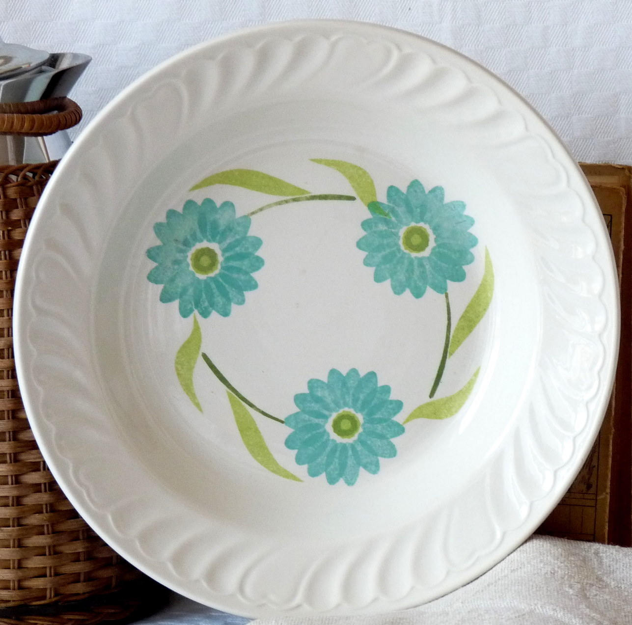 Plat de Service Rond Du Milieu Siècle, Années 1950, Décor Floral Couleur Pastel, Grand Bol Peu Profo