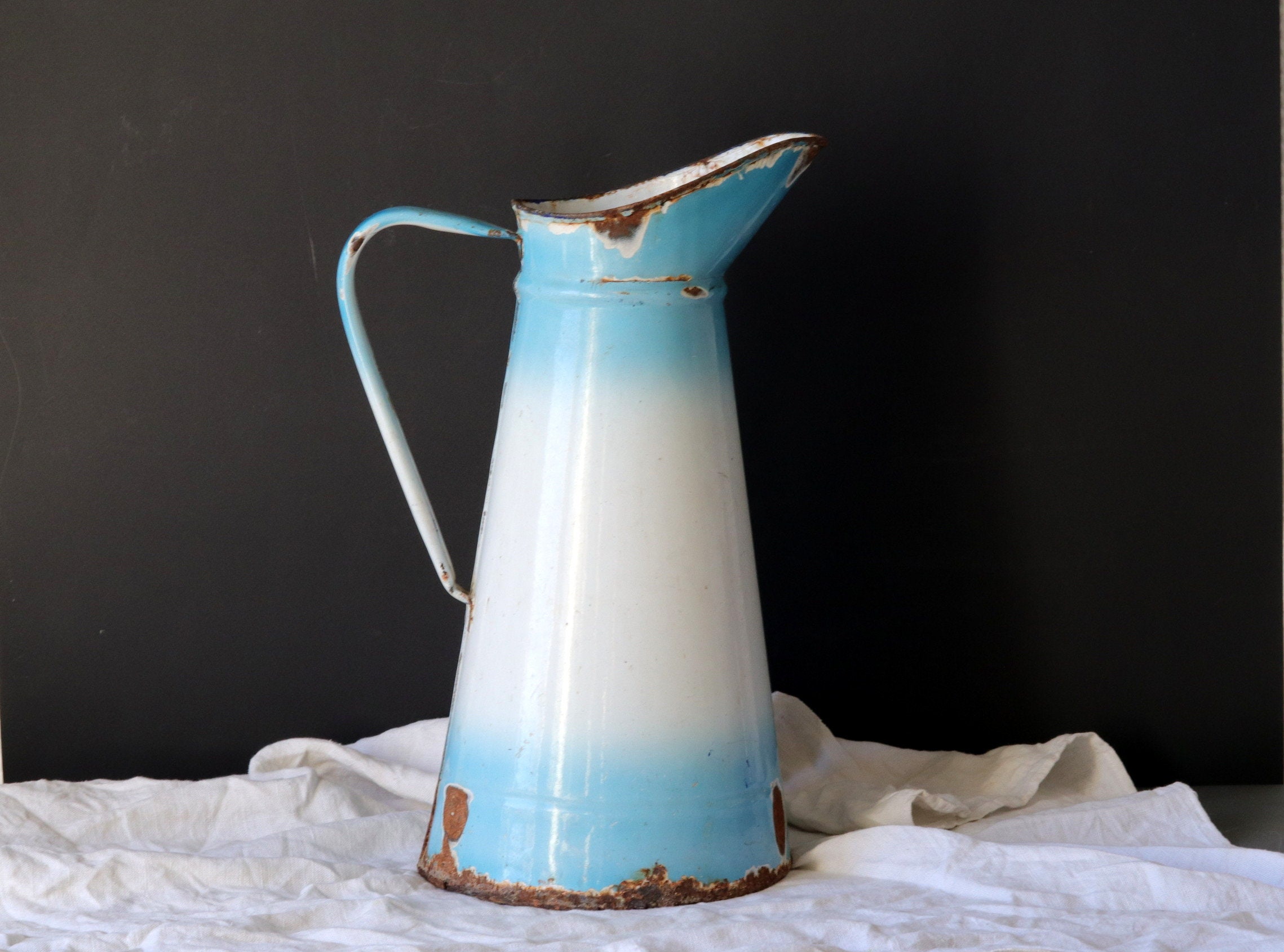 Français Arrosoir en Émail Vintage, Dégradé Bleu Blanc, Pichet d'eau Des Années 1900, de Salle Bain 