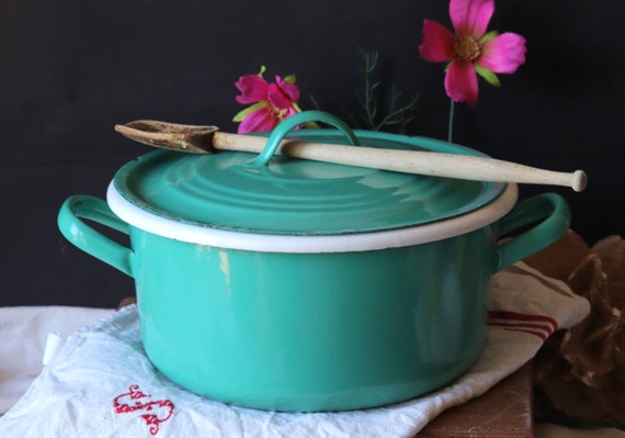 Ambassade Redenaar Ramen wassen Vintage groen en wit emaille kookpot met deksel jaren 1960 - Etsy Nederland