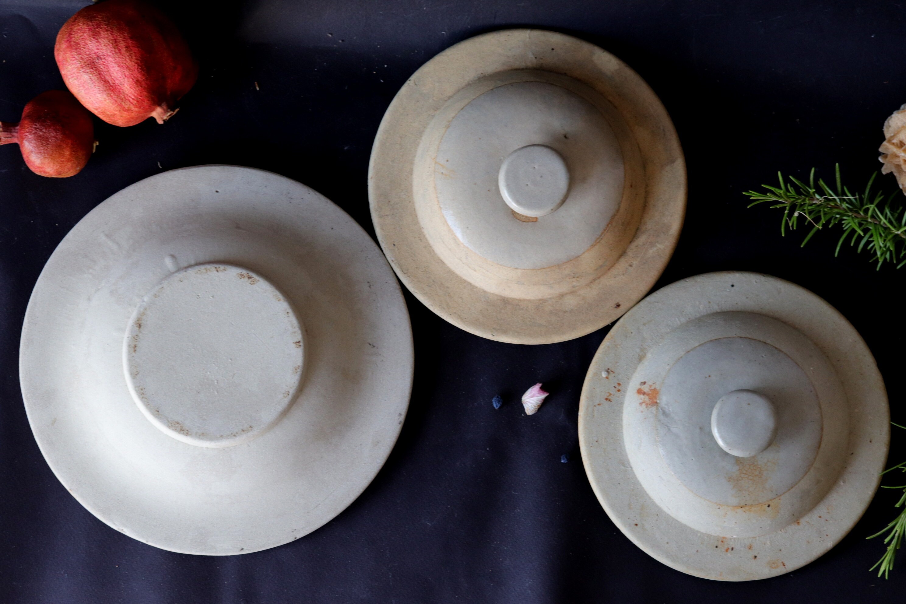 Couvercles de Bocaux Confits en Grès Beige Antique, 3 Pièces, Décor Rustique Des Années 1900, Tons N