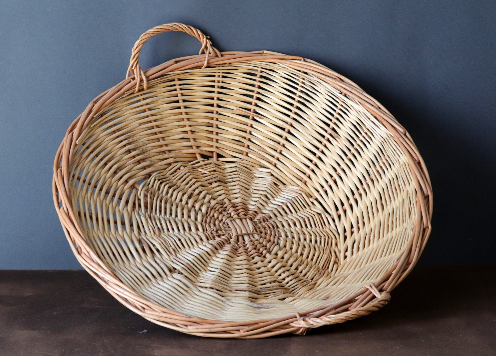 French Vintage Large Flat Wicker Picking Basket With Handles Etsy