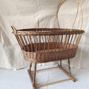 French vintage wicker doll bassinet with stand, wicker doll crib, 1950s handmade babydoll cradle, retro nursery decor, baby shower decor