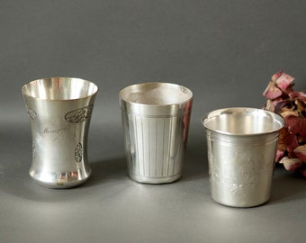 3 Antique Silver-Plated Tumblers, French Baby Cups, Vintage Baptism Goblets, Pencil Holders, Small Vases