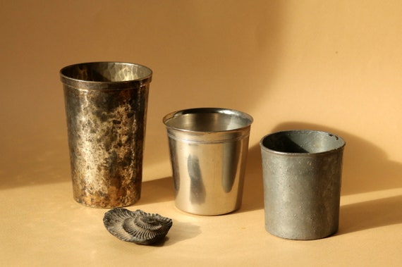 Vintage Metal Tumblers Set: French Pewter Goblets, Bohemian Decor