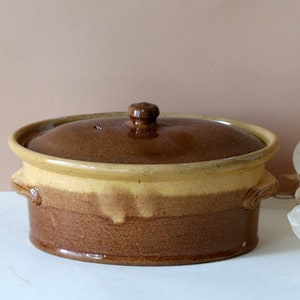 May include: A brown and yellow glazed ceramic oval casserole dish with a lid and two handles.