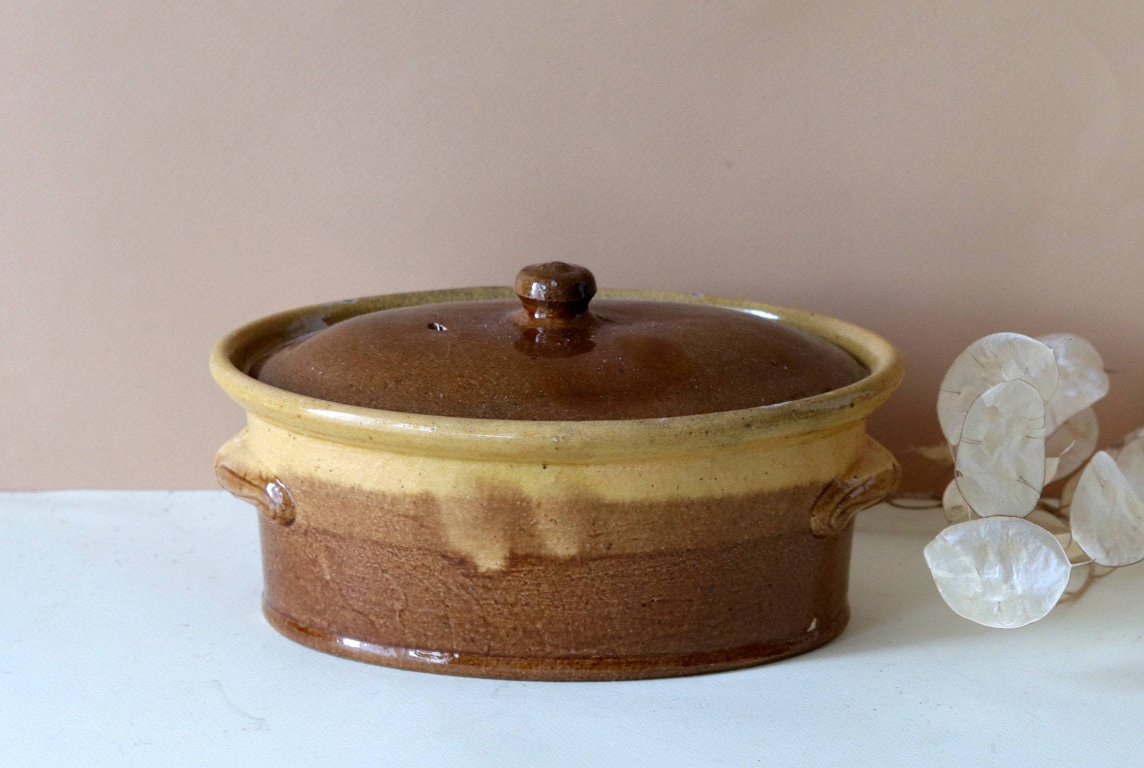 Antique Français Stoneware Tureen, Plat Ovale de Terrine Des Années 1900, Casserole Lidded Vitrée, T