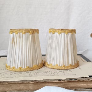 2 small antique pleated silk lampshades for sconces & chandelier with golden braids,  French white fabric clip shades, vintage boudoir style