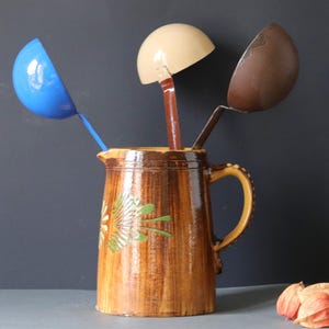 3 French Vintage Enamel Ladles, Blue, Beige, Brown, 1930s Enamelware, Retro Country Kitchen, Bohemian Rustic, Wabi Sabi, Instant Collection