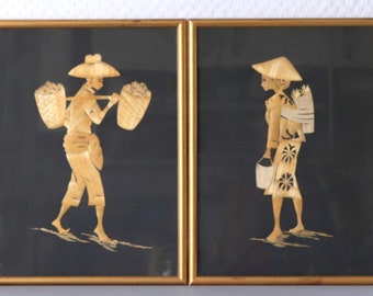 Antique Framed Straw Collages, Vintage Asian Art, Rice Pickers, Man and Woman in Paddy Fields, Eastern Home Decor, Minimalist, Wedding Gift