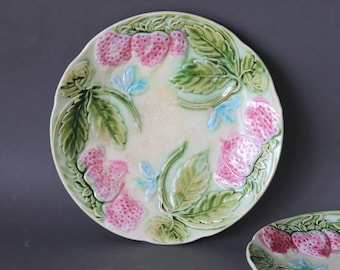 French Antique Majolica Plate with Handpainted Strawberry Decor, 1900s Orchies Dessert Plate, Green and Pink Decorative Plate