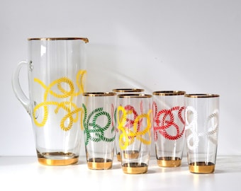 French Vintage Blown Glass Juice Set with Colorful Rope Decor, Hollywood Regency Style Glass Jug and 5 Tumblers, Retro Barware