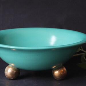 Vintage Turquoise Earthenware Footed Bowl wit Gilded feet, 1950s Czech Ceramic in Hollywood Regency Style image 5