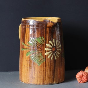 French Soufflenheim Pitcher: Handpainted Daisy Decor, Alsatian Stoneware Jug