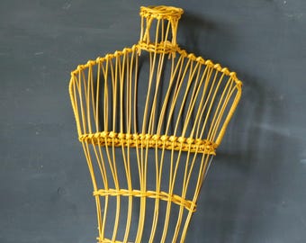French Vintage Yellow Wicker Mannequin Bust: Jewelry Scarf Display
