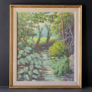 French Vintage Stream in the Forest Oil Painting on Board, Gilded Wood Frame, 1960s Signed Artwork,
