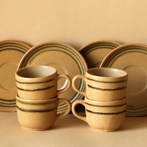 4 Vintage DIGOIN & SARREGUEMINES stoneware coffee cups and saucers, 1970s rustic French beige ochre coffee set