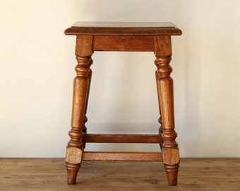 French Vintage Wooden Stool with Wood Turned Legs, 1960s Rustic Wooden Stool