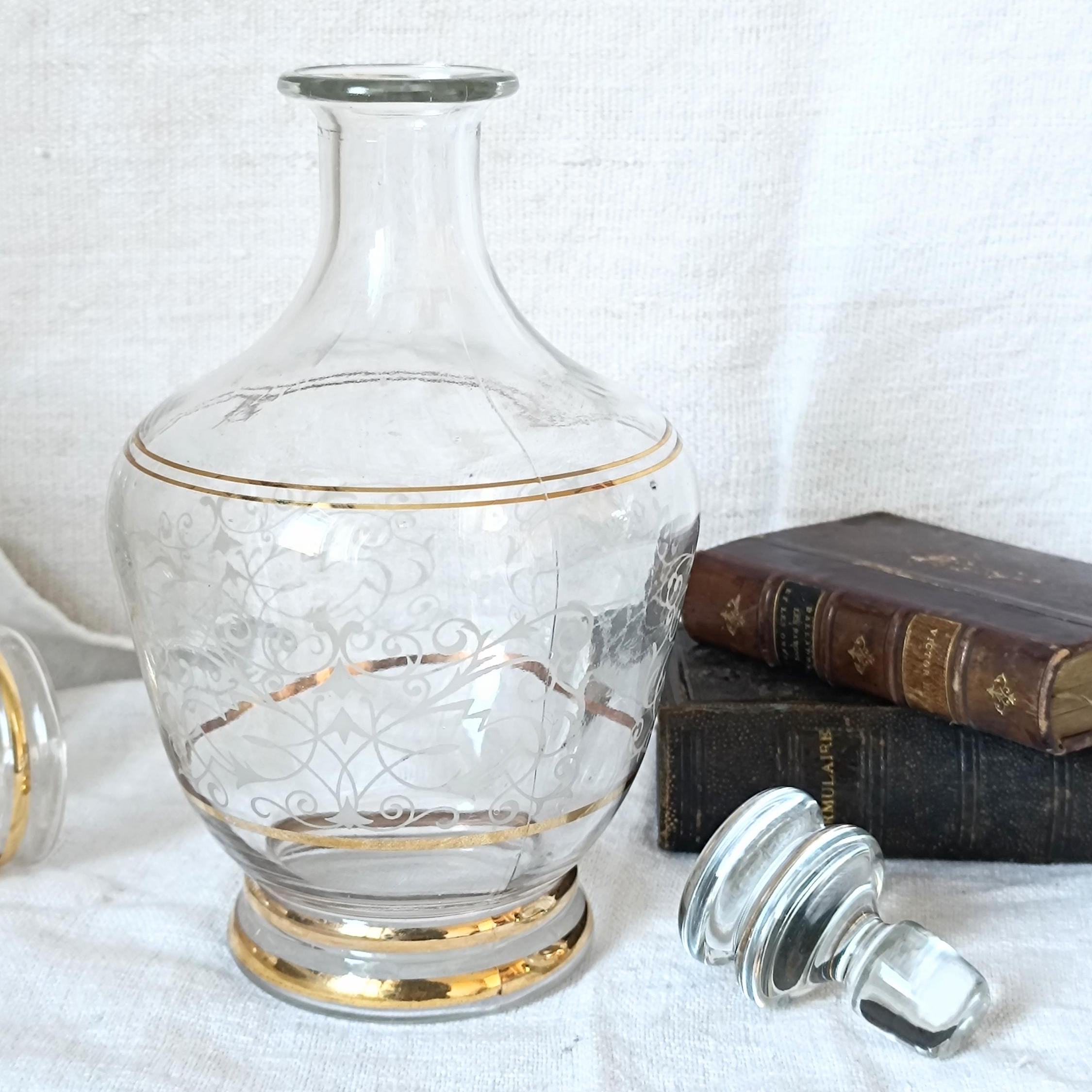 1930s French Glass Decanter: Vintage Sherry Bottle With Gilded