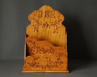 French Vintage Handcrafted Wood Letter Holder with Floral Decor, Antique Rustic Wooden Desk Organizer