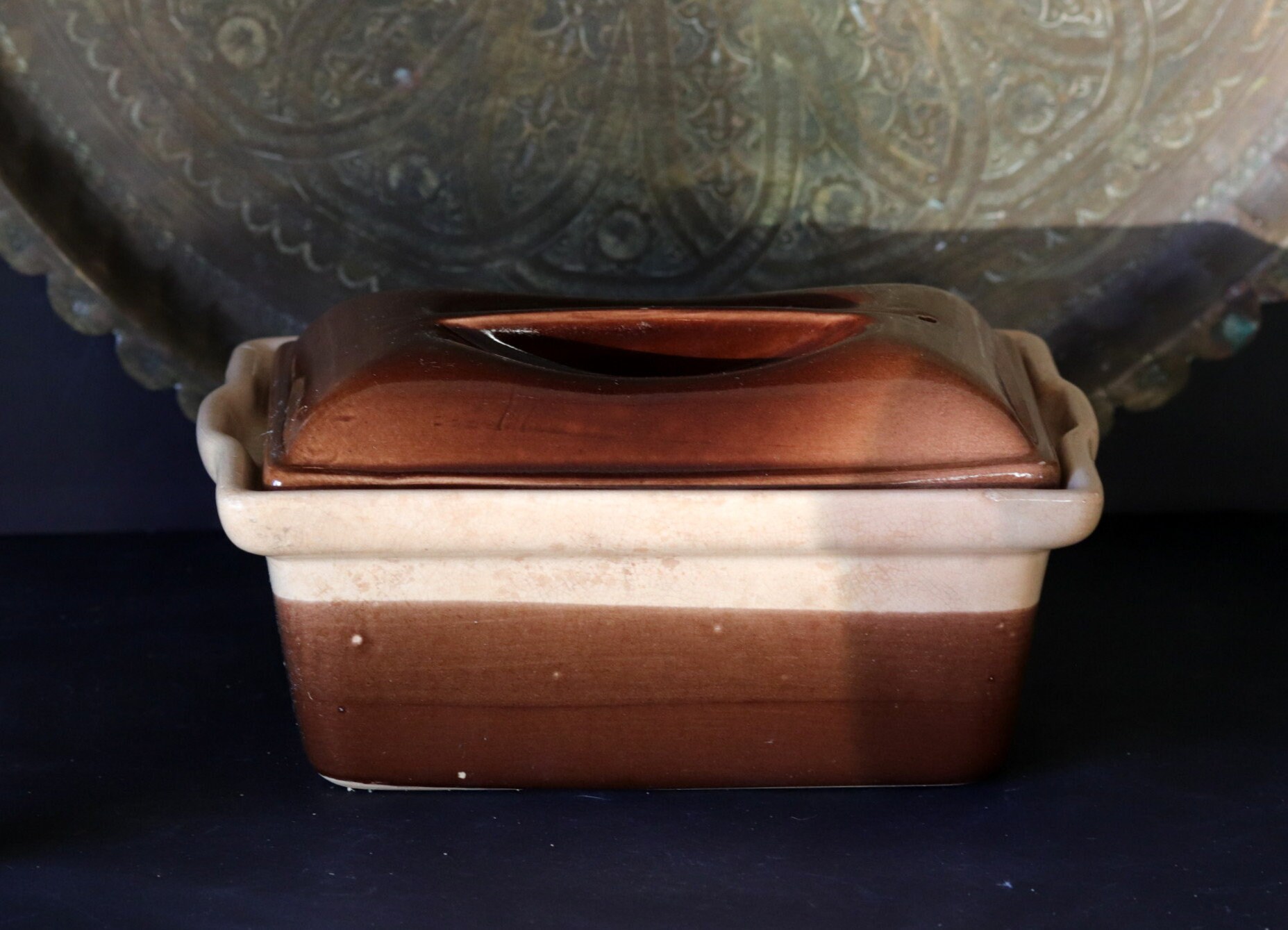 Terrine Français Antique, Tureen Lidded Rectangulaire, Grès Glacé Brun, Plat Traditionnel de Pâté De