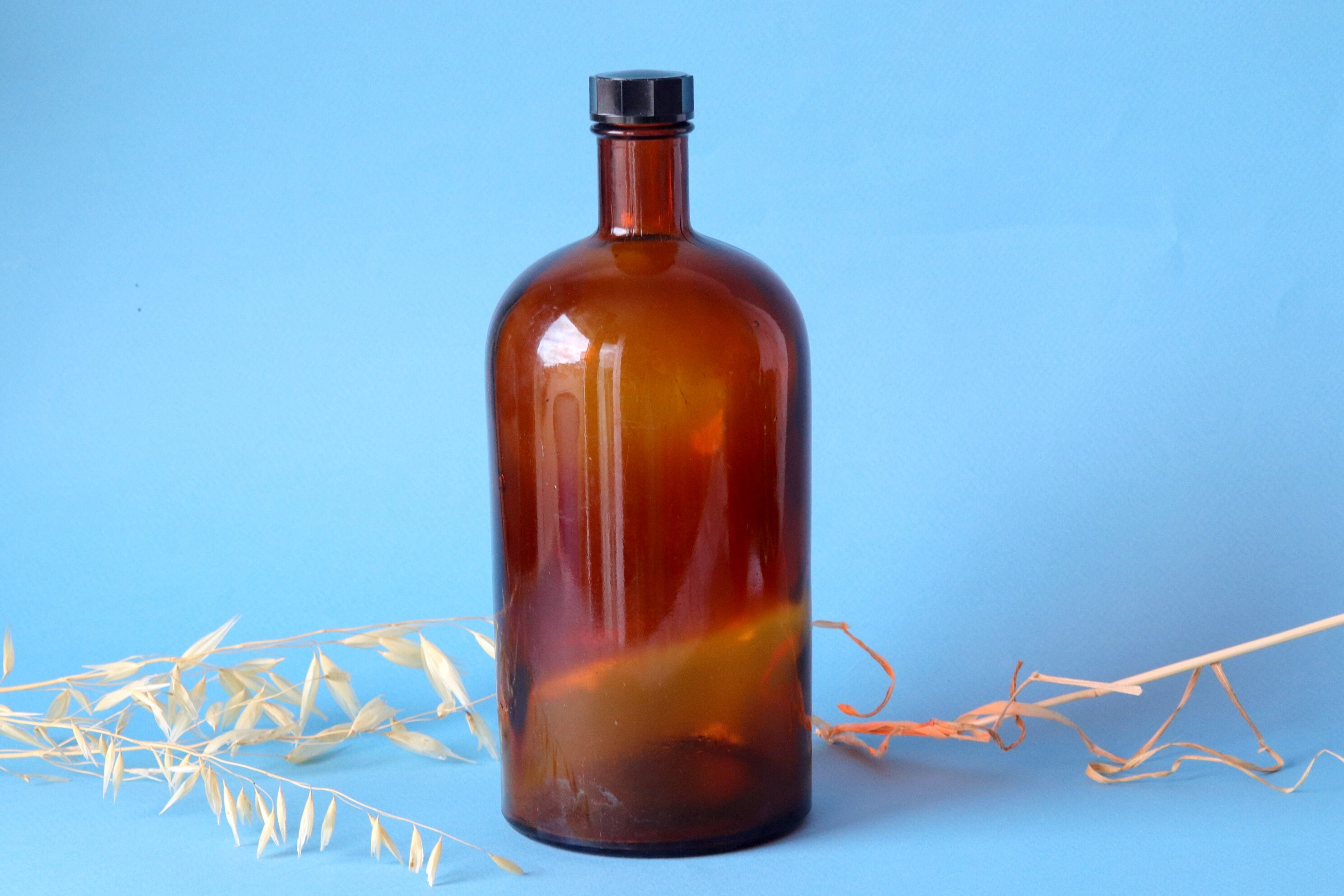 Français Bouteille Vintage en Verre Ambré, Grand Pot de Laboratoire Des Années 1950, Bouchon Bakélit