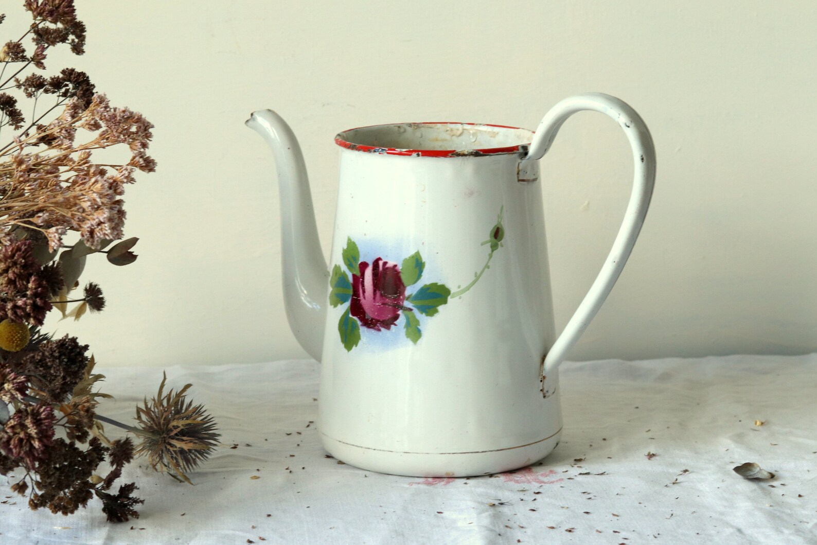 Antique White Enamel Coffee Pot With Floral Design Rustic Etsy
