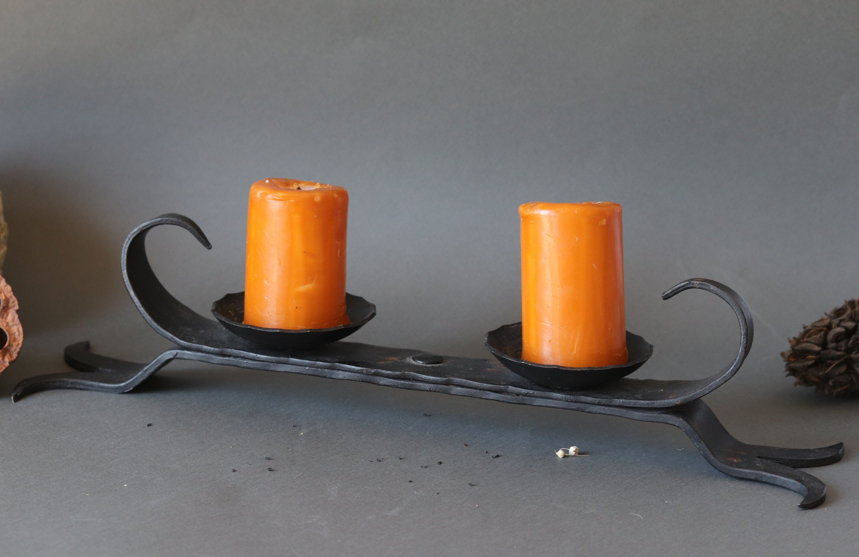 Double Wrought Iron Low Candlestick, 1950S Black Candle Holder, Hammered Metal, Rustic Lighting, Spa