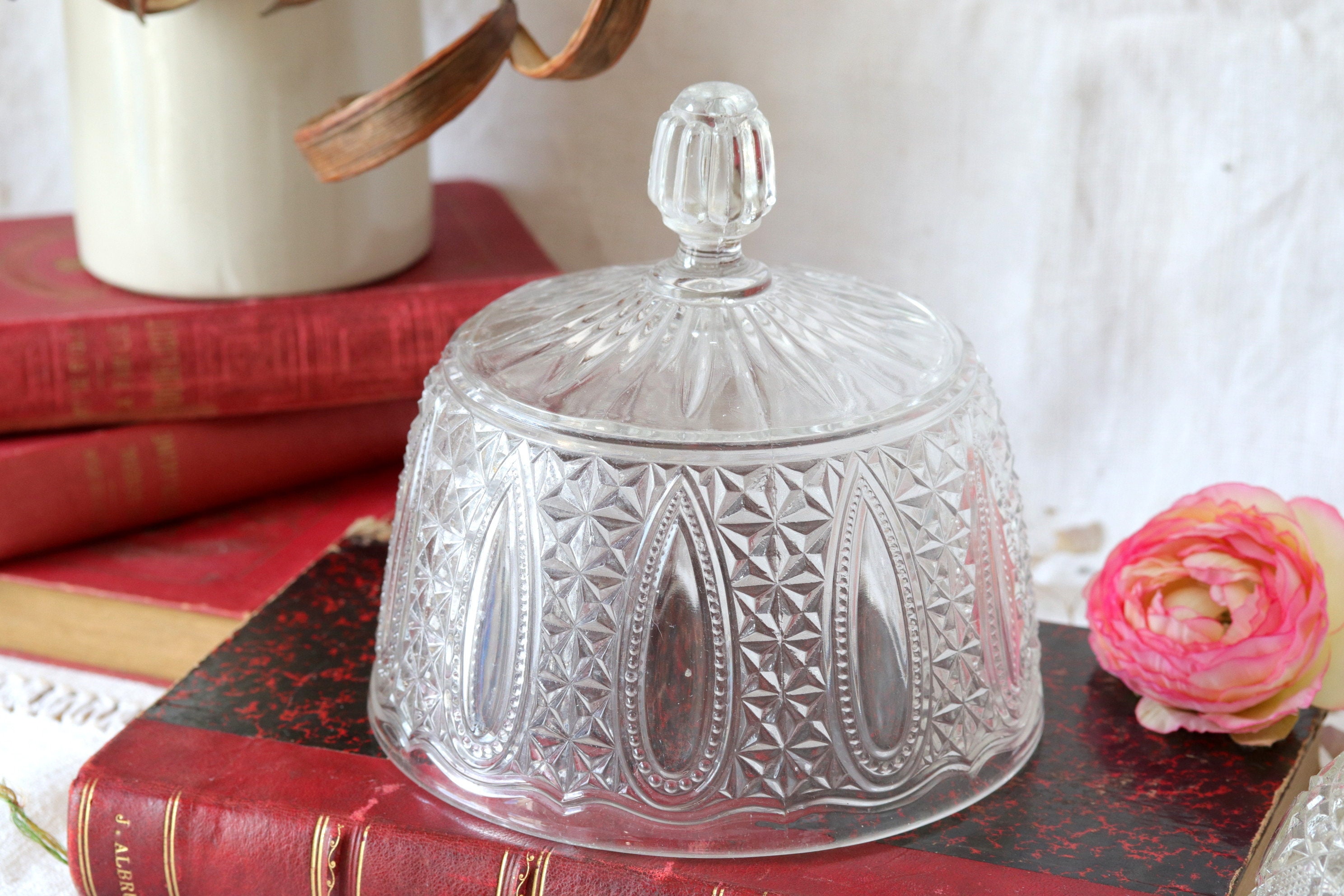 Antique Clear Glass Dome, 1930S Français Cheese Cover, Faceted Pressed Glass, Diamond Cut, Art Déco,