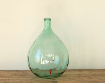 French Vintage Demijohn with Red Paint Marks, 10 Liter Rustic Green Glass Wine Bottle