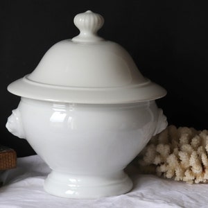 Small Antique White Soup Tureen with Lid and  Lion&#39;s Head Handles