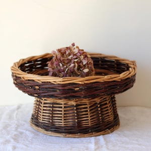 Vintage Handwoven Chestnut Twig Basket on Pedestal, French Rustic Fruit Basket