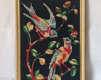 French vintage framed bird needlepoint, 1960s handmade tapestry with two birds on a branch, Nature Theme Embroidery on canvas