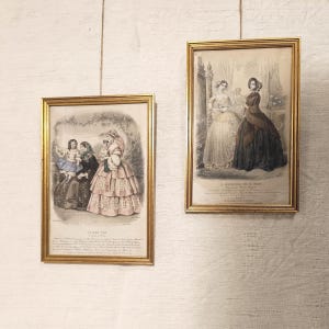 Framed antique French Fashion Illustrations, 1800s PARIS fashion magazines, coloured engraving prints in wood gilded frames, boudoir decor