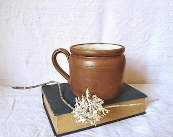 Pot antique en grès : porte-ustensiles en poterie brune des années 1900