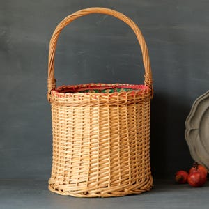 French Vintage Wicker Basket with Green Fabric Lining and Multiple Pockets, Rustic Handwoven Round Workbasket with Handle