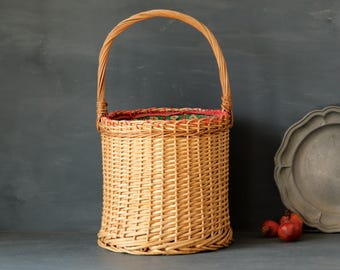 French Vintage Wicker Workbasket: Handwoven Sewing Storage with Green Fabric