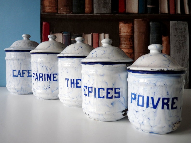 French Antique Kitchen Canisters 1930s Enamelware White And Etsy