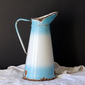 French Vintage Enamel Bathroom Water Jug with Blue and White Gradient Decor, 1900s Rustic Bathroom Pitcher, Wabi Sabi Blue Enamel Vase