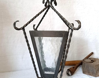 Vintage Wrought Iron Lantern: French Porch Hanging Light, 1950s