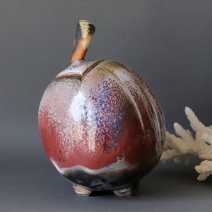 French vintage plum shaped studio pottery, 1970s rustic glazed ceramic pot with lid, primitive style decor,natural inspiration pottery image 3