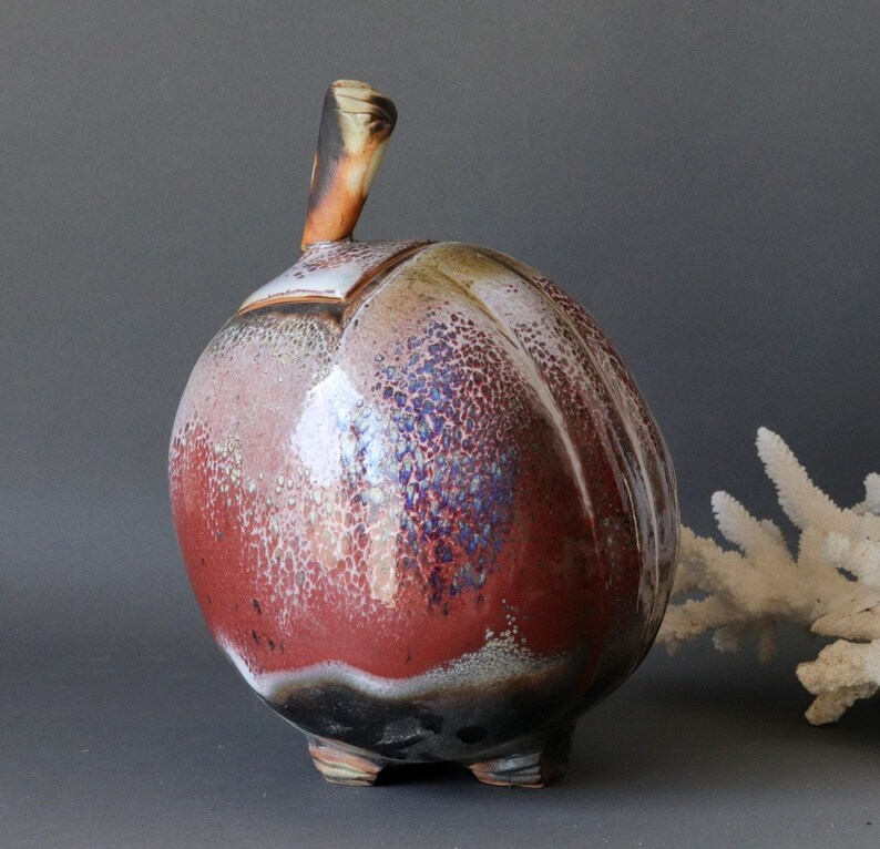 French vintage plum shaped studio pottery, 1970s rustic glazed ceramic pot with lid, primitive style decor,natural inspiration pottery image 3