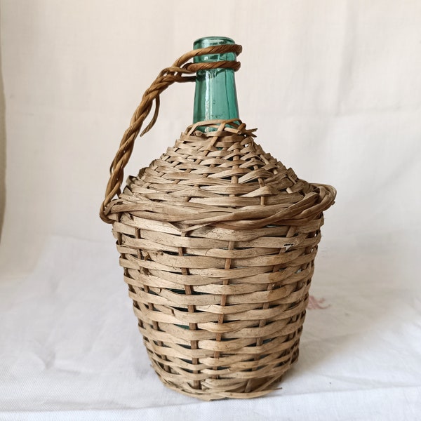French vintage small demijohn with wiccker wrapp, 1930s rustic green glass wine bottle with handle, 2L carboy with handwoven wicker cover