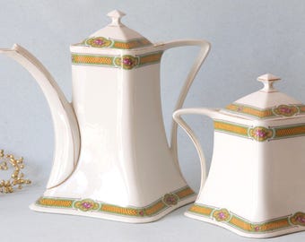 French Antique Limoges Coffeepot and Sugar Bowl, 1930s White Porcelain, Vintage Transferware, Art Deco Pagoda Shape, Birthday Gift for Her