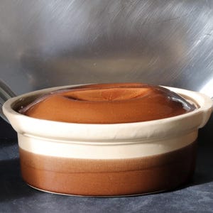 Vintage French Terrine, 1950s La Bourguignonne, 23,5cm Oval Dish with Lid, Brown Beige Glazed Stoneware, Rustic Dish, Retro Country Kitchen